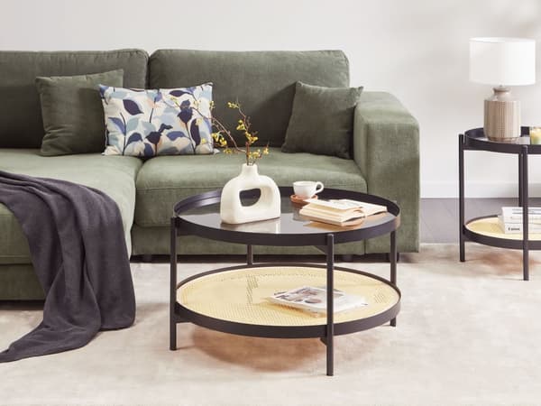 Sofabord sort med glasplade i lyst træ metalramme med hylde rund Wien plaid moderne design