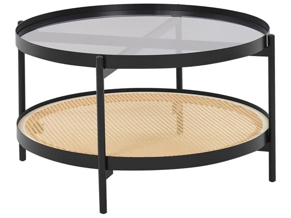 Sofabord sort med glasplade i lyst træ metalramme med hylde rund Wien plaid moderne design