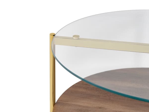 Sofabord guld med mørkt træ glasplade metalramme med hylde rundt moderne design