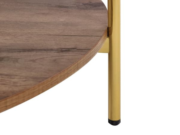 Sofabord guld med mørkt træ glasplade metalramme med hylde rundt moderne design