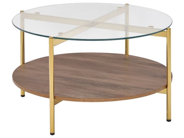 Sofabord guld med mørkt træ glasplade metalramme med hylde rundt moderne design