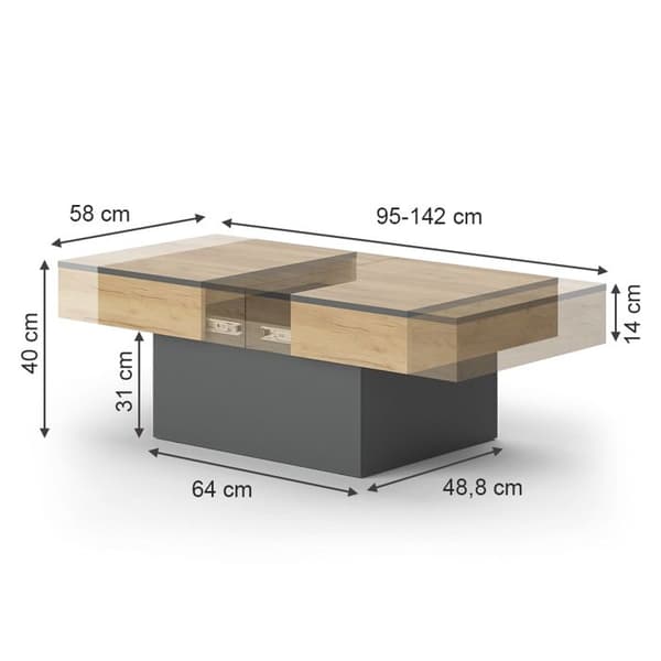 Boto soffbord, 95 x 40 cm utdragbart, antracit/gyllene ek, Vicco