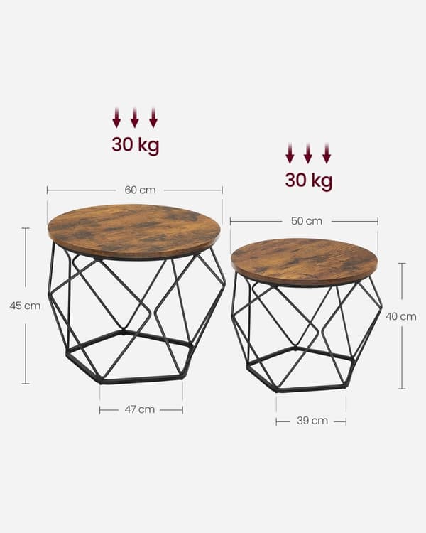 Rootz 2-osaiset sivupöydät - Päätypöydät - Vintage Ruskea - Muste musta - Lastulevy ja teräs - 60 cm x 45 cm & 50 cm x 40 cm - 9,8 kg