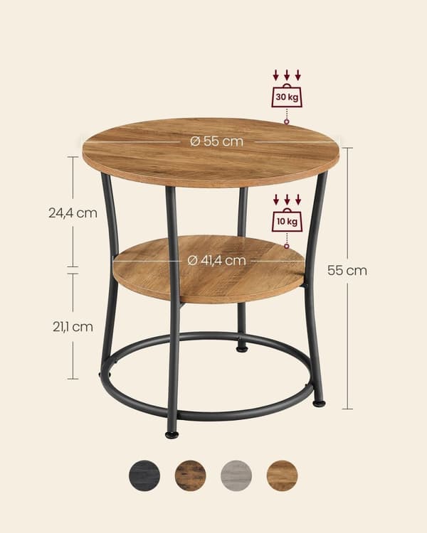 Rootz Rundt Sidebord - Valnød Sort - Spånplade stål - 30 kg Kapacitet - 55cm x 55cm - Moderne stuemøbler