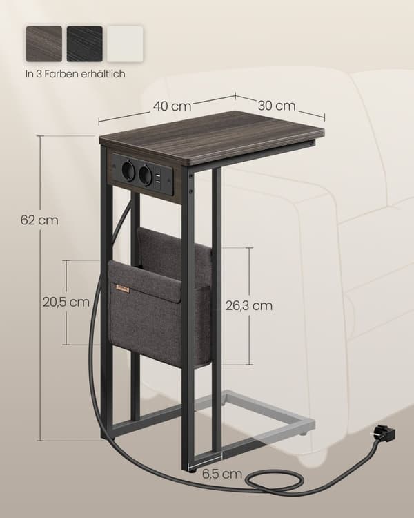 Rootz Modern Sidebord - Endebord - Sengebord - Spånplade - Stål - Polyesterstof - 30cm x 40cm x 62cm