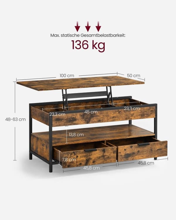 Rootz Vintage ruskea-musta sohvapöytä - lastulevy - teräs - suuri - säädettävä korkeus - 50 cm x 100 cm - raskas - 48-63 cm