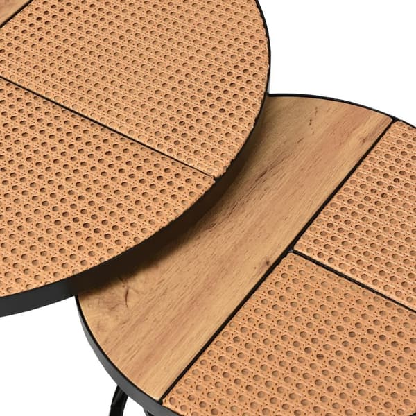 Sæt med 2 dekorerede sofaborde - landlig stil - rattan finer - Natur & Sort