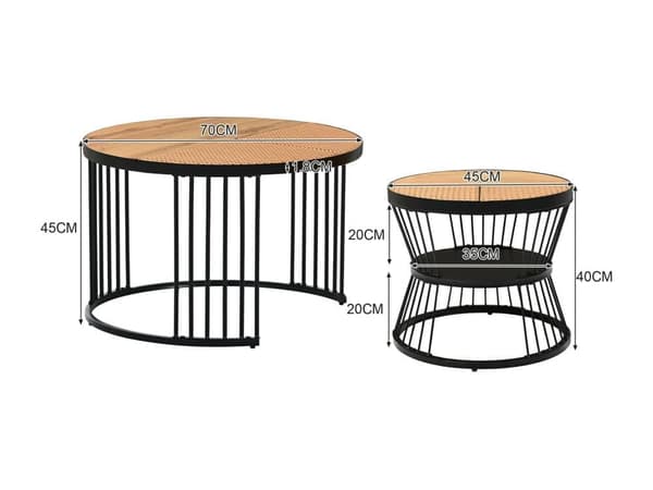 Sæt med 2 dekorerede sofaborde - landlig stil - rattan finer - Natur & Sort