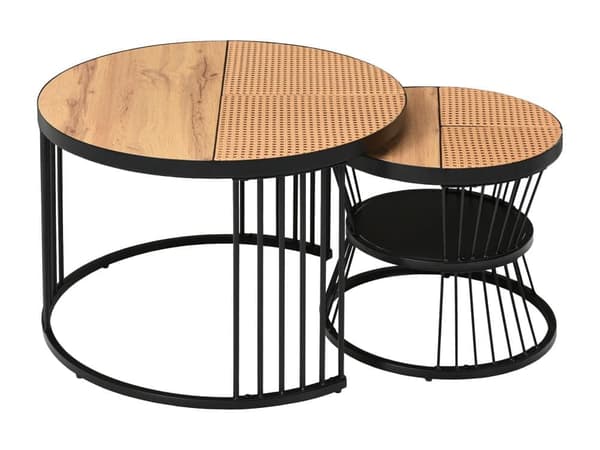 Sæt med 2 dekorerede sofaborde - landlig stil - rattan finer - Natur & Sort