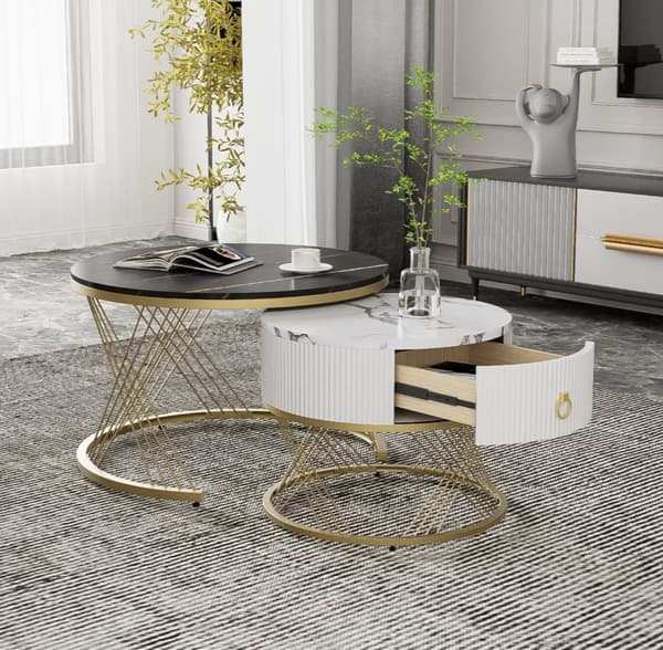 Sæt med 2 sofaborde med skuffe - MDF-plade med marmormotiv