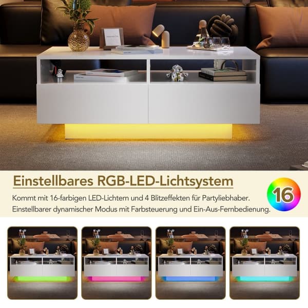 Modernt soffbord - med variabel LED och 2 lådor - Vit