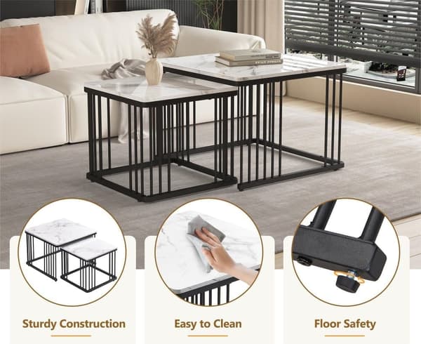 Set med 2 nestingbord - MDF-skiva med marmormotiv - förgyllda ben