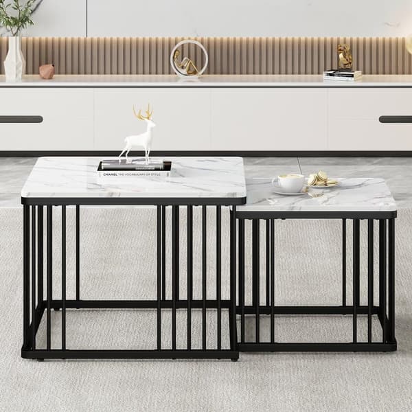 Set med 2 nestingbord - MDF-skiva med marmormotiv - förgyllda ben