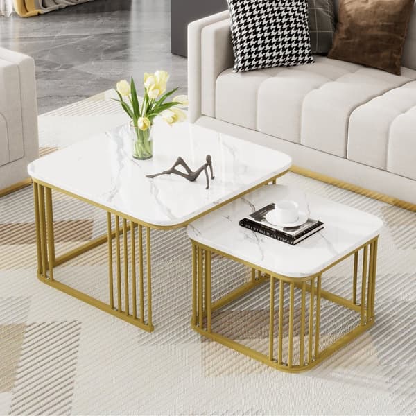 Set med 2 nestingbord - MDF-skiva med marmormotiv - förgyllda ben