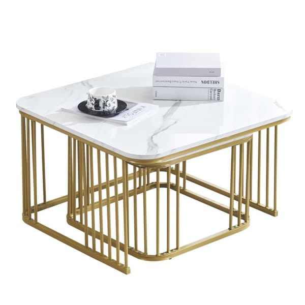 Set med 2 nestingbord - MDF-skiva med marmormotiv - förgyllda ben