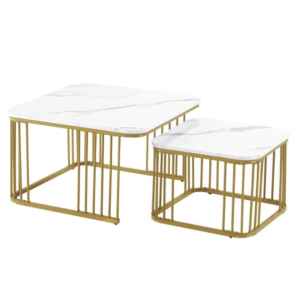 Set med 2 nestingbord - MDF-skiva med marmormotiv - förgyllda ben