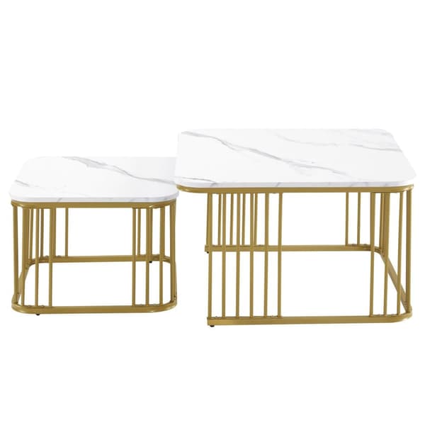Set med 2 nestingbord - MDF-skiva med marmormotiv - förgyllda ben