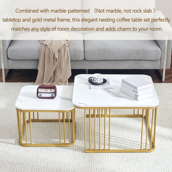 Set med 2 nestingbord - MDF-skiva med marmormotiv - förgyllda ben