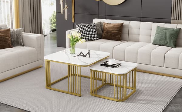 Set med 2 nestingbord - MDF-skiva med marmormotiv - förgyllda ben Guld