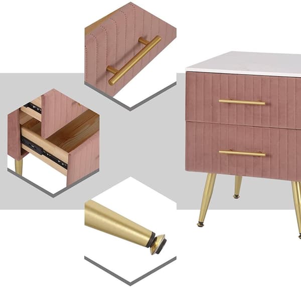 Rootz Sengebord - Natbord - Sengeskab - Pink Velvet - Elegant design - 40,5 cm x 51 cm x 41 cm - Marmorplade - Formonteret
