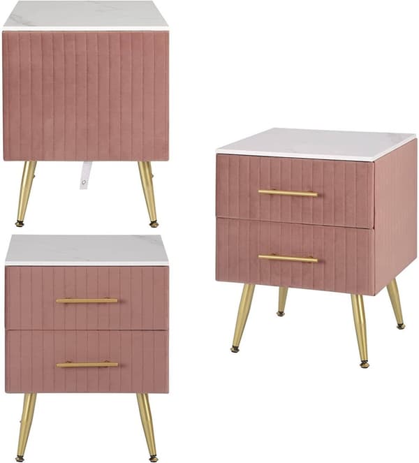 Rootz Sengebord - Natbord - Sengeskab - Pink Velvet - Elegant design - 40,5 cm x 51 cm x 41 cm - Marmorplade - Formonteret
