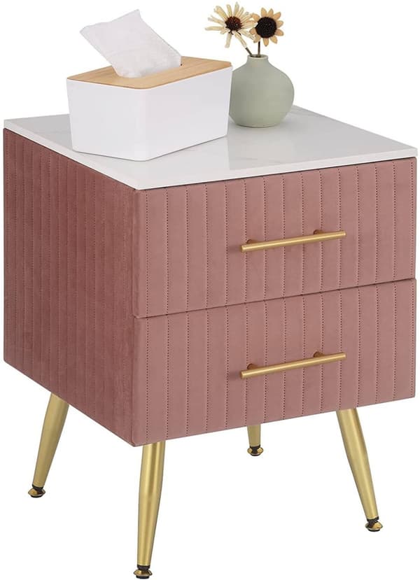 Rootz Sengebord - Natbord - Sengeskab - Pink Velvet - Elegant design - 40,5 cm x 51 cm x 41 cm - Marmorplade - Formonteret