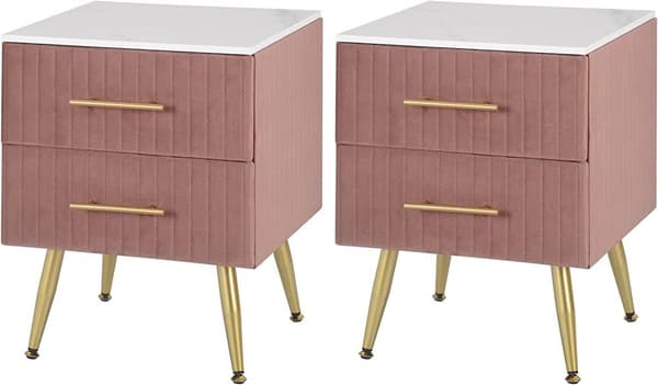 Rootz Sengebord - Natbord - Sengeskab - Pink Velvet - Elegant design - 40,5 cm x 51 cm x 41 cm - Marmorplade - Formonteret