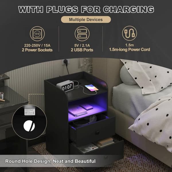 Rootz Sängbord med Power Strip - Nattduksbord - Laddningsstation - USB-portar - LED Light Bar - Högkvalitativt trä - 40cm x 64cm x 35cm