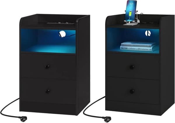 Rootz Sängbord med Power Strip - Nattduksbord - Laddningsstation - USB-portar - LED Light Bar - Högkvalitativt trä - 40cm x 64cm x 35cm