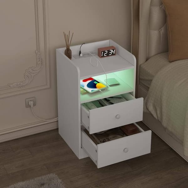 Rootz Sängbord med laddningsportar - Nattduksbord med USB-portar - Justerbart LED-ljus - Stort förvaringsutrymme - E1 Wood - 40cm x 64cm x 35cm