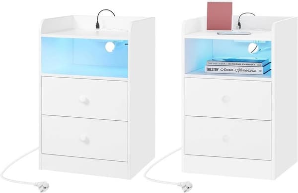 Rootz Sängbord med laddningsportar - Nattduksbord med USB-portar - Justerbart LED-ljus - Stort förvaringsutrymme - E1 Wood - 40cm x 64cm x 35cm