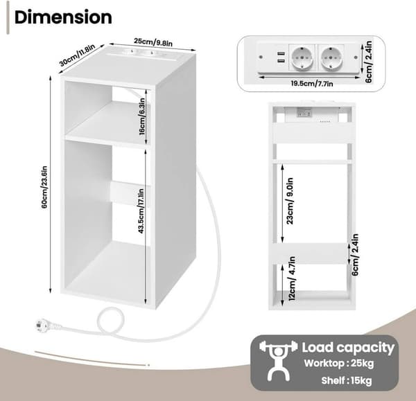 Rootz Sengebord med Power Strip - Lille natbord - Soveværelses natbord - E1 Konstrueret træ - 25 x 60 x 30 cm - Hvid - Sort - Lys eg