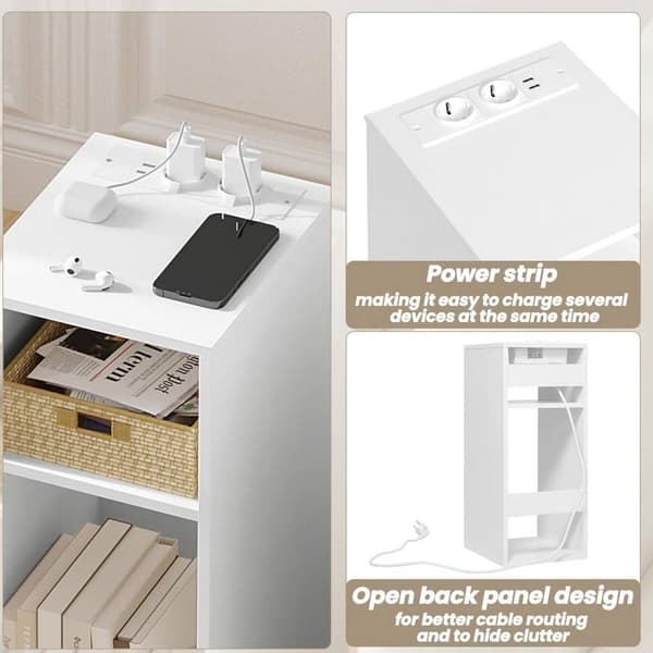 Rootz Sengebord med Power Strip - Lille natbord - Soveværelses natbord - E1 Konstrueret træ - 25 x 60 x 30 cm - Hvid - Sort - Lys eg