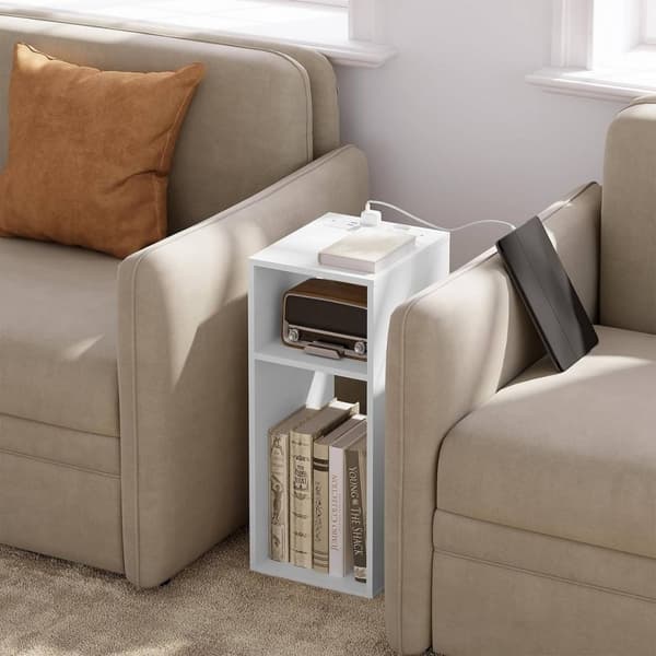 Rootz Sengebord med Power Strip - Lille natbord - Soveværelses natbord - E1 Konstrueret træ - 25 x 60 x 30 cm - Hvid - Sort - Lys eg