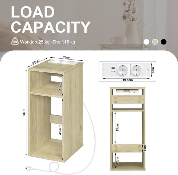 Rootz endebord med ladestation - Sengebord - 2 USB-porte - E1 Engineered Wood - 25 x 60 x 30 cm - Natbord - Hvidt kabinet