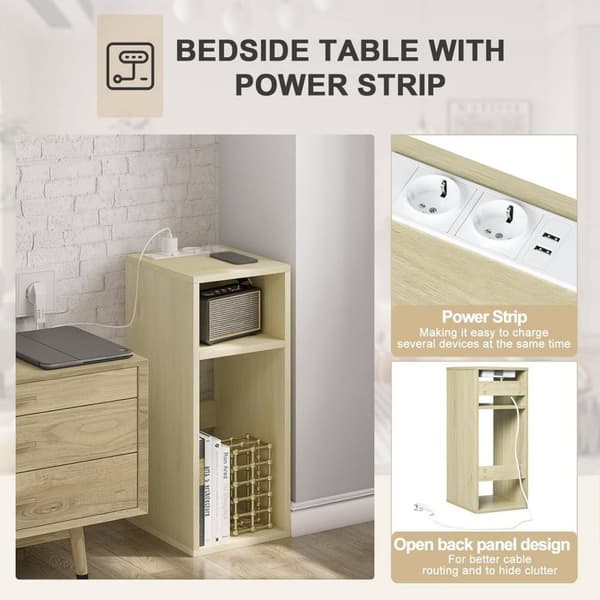 Rootz endebord med ladestation - Sengebord - 2 USB-porte - E1 Engineered Wood - 25 x 60 x 30 cm - Natbord - Hvidt kabinet