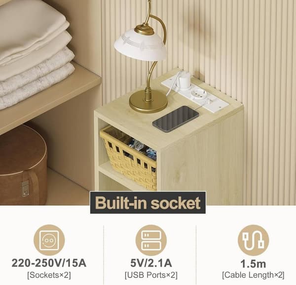 Rootz endebord med ladestation - Sengebord - 2 USB-porte - E1 Engineered Wood - 25 x 60 x 30 cm - Natbord - Hvidt kabinet