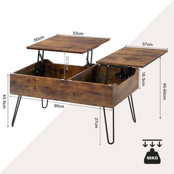 Rootz Lift Top Sofabord - Skjult opbevaring - Rustikt trælook - Spisebord - Metalben - 115cm x 60cm x 75cm