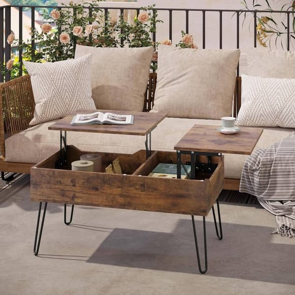 Rootz Lift Top Sofabord - Skjult opbevaring - Rustikt trælook - Spisebord - Metalben - 115cm x 60cm x 75cm
