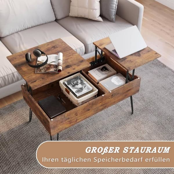 Rootz Lift Top Sofabord - Skjult opbevaring - Rustikt trælook - Spisebord - Metalben - 115cm x 60cm x 75cm