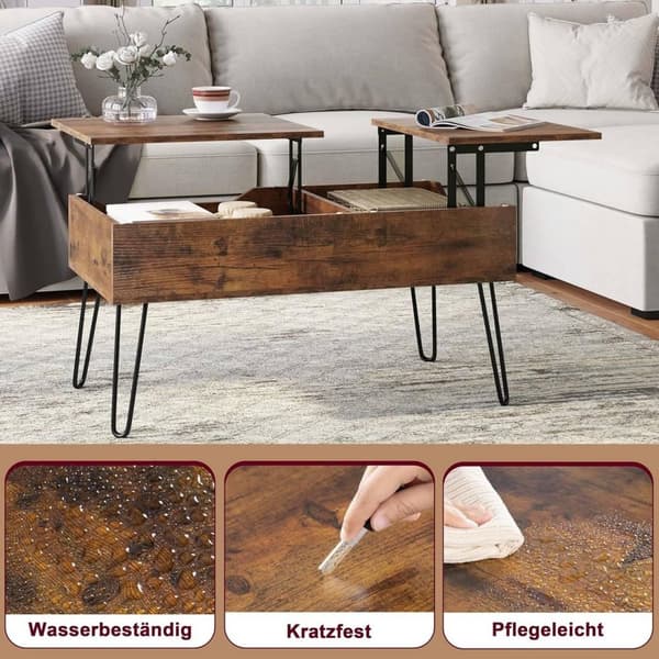 Rootz Lift Top Sofabord - Skjult opbevaring - Rustikt trælook - Spisebord - Metalben - 115cm x 60cm x 75cm
