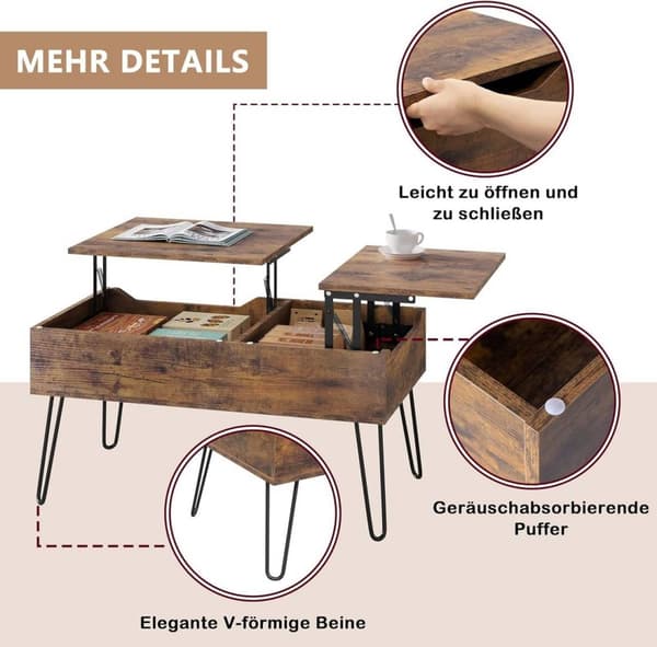 Rootz Lift Top Sofabord - Skjult opbevaring - Rustikt trælook - Spisebord - Metalben - 115cm x 60cm x 75cm