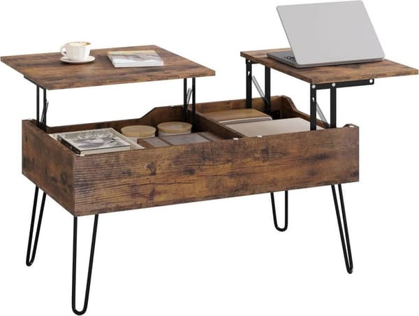 Rootz Lift Top Sofabord - Skjult opbevaring - Rustikt trælook - Spisebord - Metalben - 115cm x 60cm x 75cm