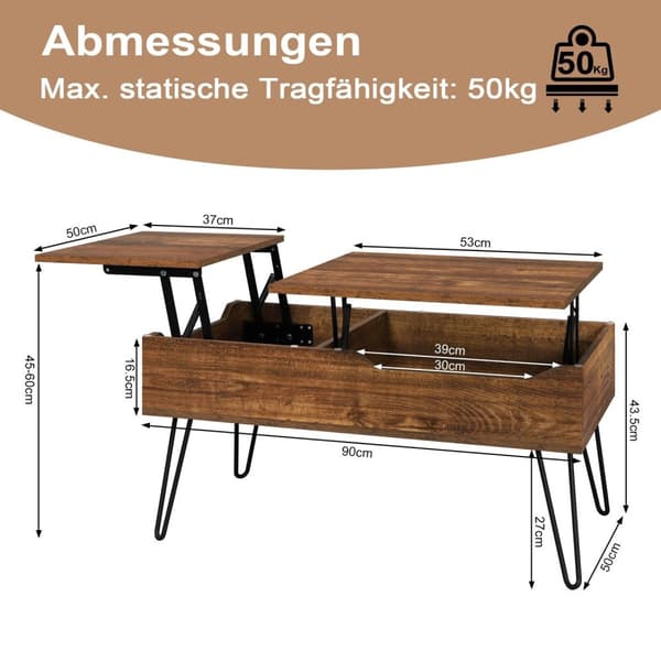 Rootz Lift Top -sohvapöytä - Nostettava pöytä - Piilotettu säilytystila - Maalaismainen puulook - Vintage Ruskea - 115cm x 60cm x 75cm