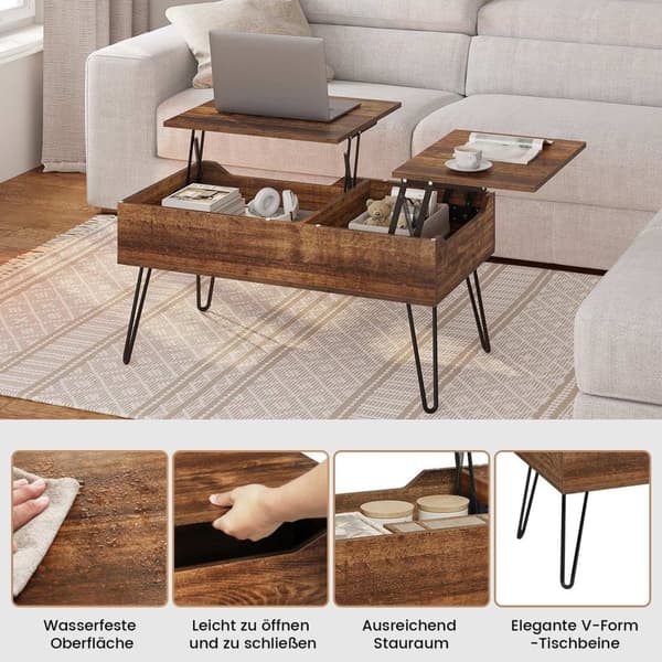 Rootz Lift Top -sohvapöytä - Nostettava pöytä - Piilotettu säilytystila - Maalaismainen puulook - Vintage Ruskea - 115cm x 60cm x 75cm