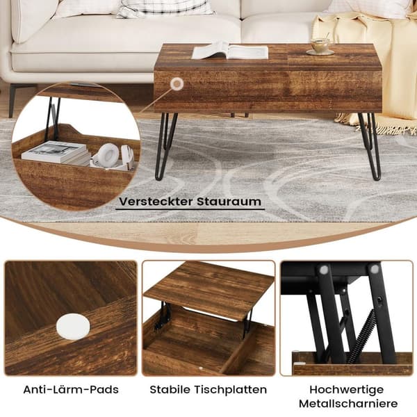 Rootz Lift Top -sohvapöytä - Nostettava pöytä - Piilotettu säilytystila - Maalaismainen puulook - Vintage Ruskea - 115cm x 60cm x 75cm