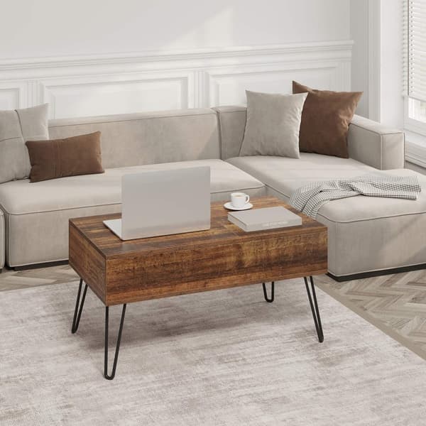 Rootz Lift Top -sohvapöytä - Nostettava pöytä - Piilotettu säilytystila - Maalaismainen puulook - Vintage Ruskea - 115cm x 60cm x 75cm