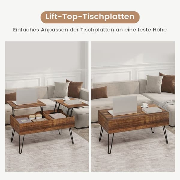 Rootz Lift Top -sohvapöytä - Nostettava pöytä - Piilotettu säilytystila - Maalaismainen puulook - Vintage Ruskea - 115cm x 60cm x 75cm