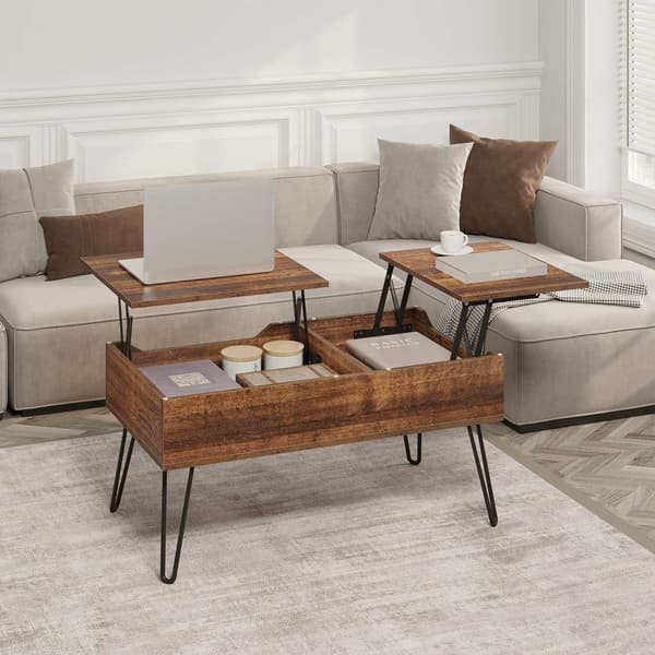 Rootz Lift Top -sohvapöytä - Nostettava pöytä - Piilotettu säilytystila - Maalaismainen puulook - Vintage Ruskea - 115cm x 60cm x 75cm