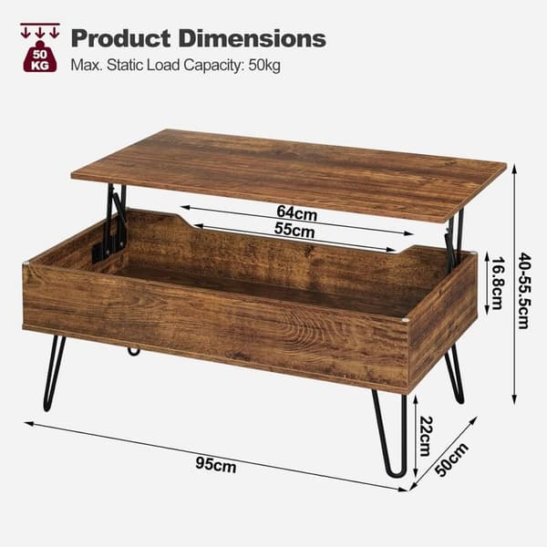 Rootz Lift Top -sohvapöytä - Vintage olohuoneen pöytä - Korkeussäädettävä - Piilotettu säilytystila - Tukeva rakenne - 95 cm x 55,5 cm x 71,5 cm